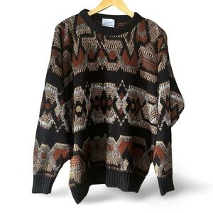 Bellissimo vintage wool blend Geometric  Sweater - Black and Brown Unisex